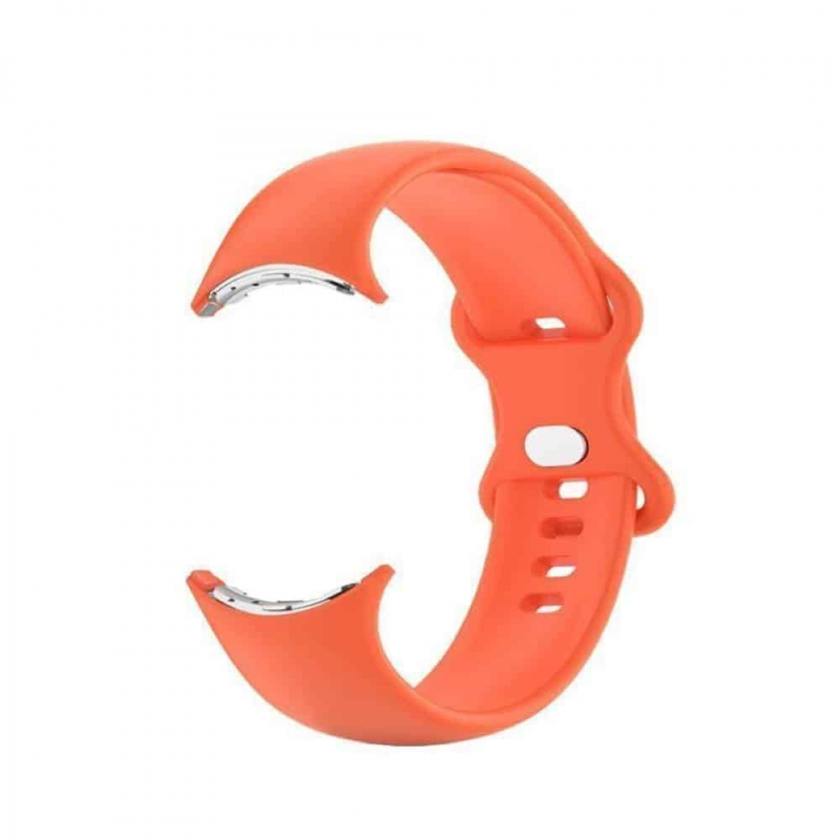 Orangenes Uhrenarmband. Es ist ein gebogenes Silikonband mit einer Schnalle. Das Band ist auf weißem Hintergrund.