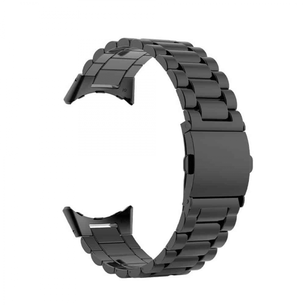 Schwarzes Uhrenarmband mit Metallverschluss, geschwungenes Design, auf weißem Grund.