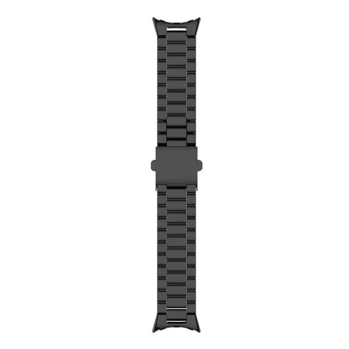 Ein schwarzes Uhrenarmband. Das Armband besteht aus verbundenen rechteckigen Segmenten.