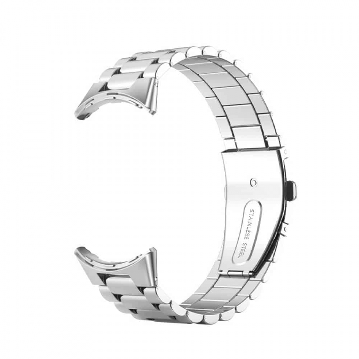 Silbernes Edelstahl-Uhrenarmband. Gebogenes Design mit Verschluss.
