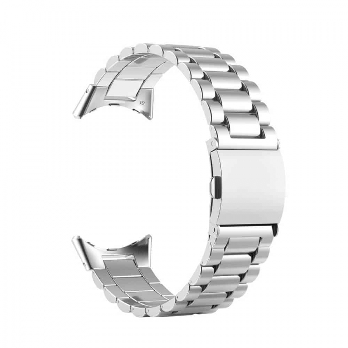Ein silbernes Edelstahl-Uhrenarmband mit Faltschließe, an den Enden gebogen für den Uhrenanschluss.