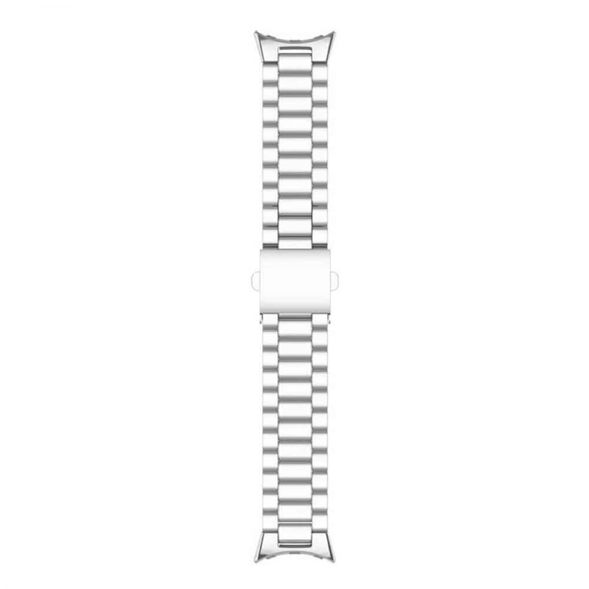 Ein silbernes Metall-Uhrenarmband mit Faltschließe, flach ausgelegt.