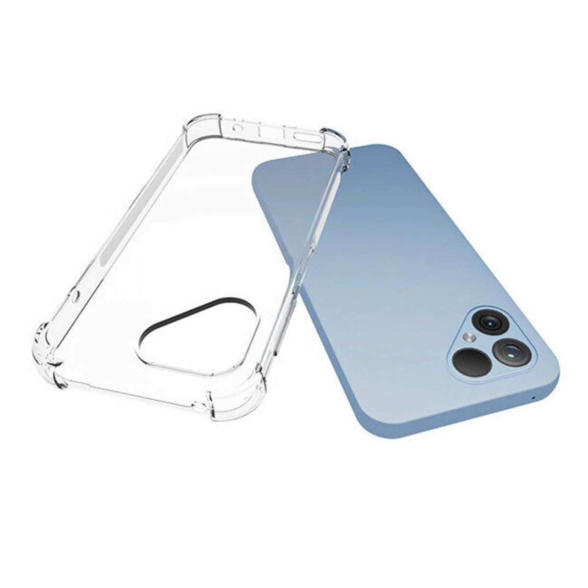 Transparente Handyhülle neben einem hellblauen Handy. Die Hülle ist transparent, das Handy hat drei Kameras.