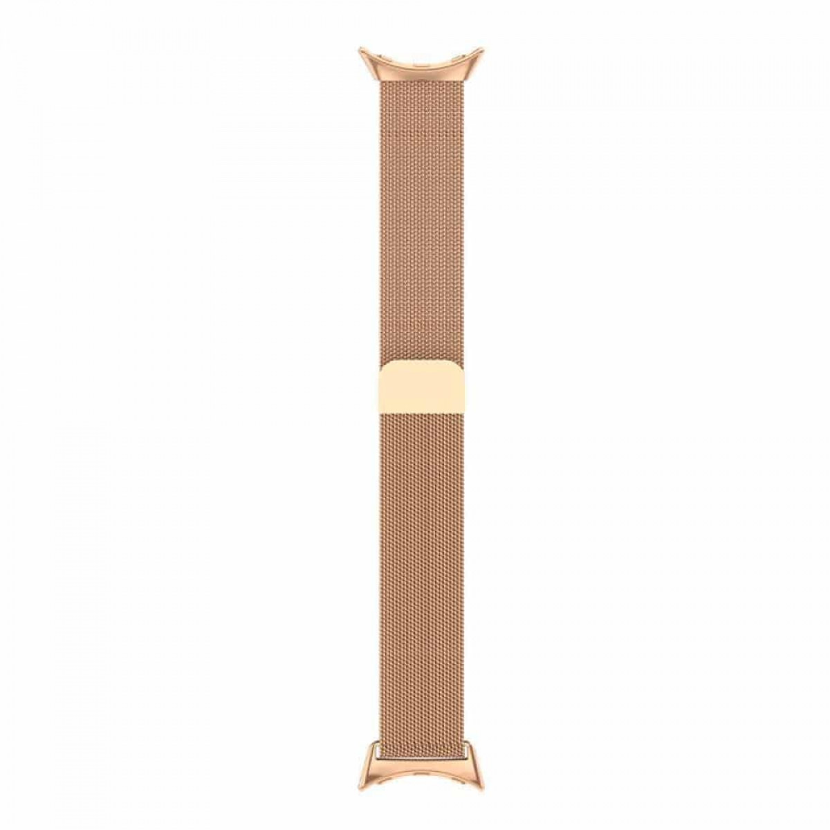 Ein roségoldenes magnetisches Uhrenarmband, von oben betrachtet, vor einem schlichten weißen Hintergrund.
