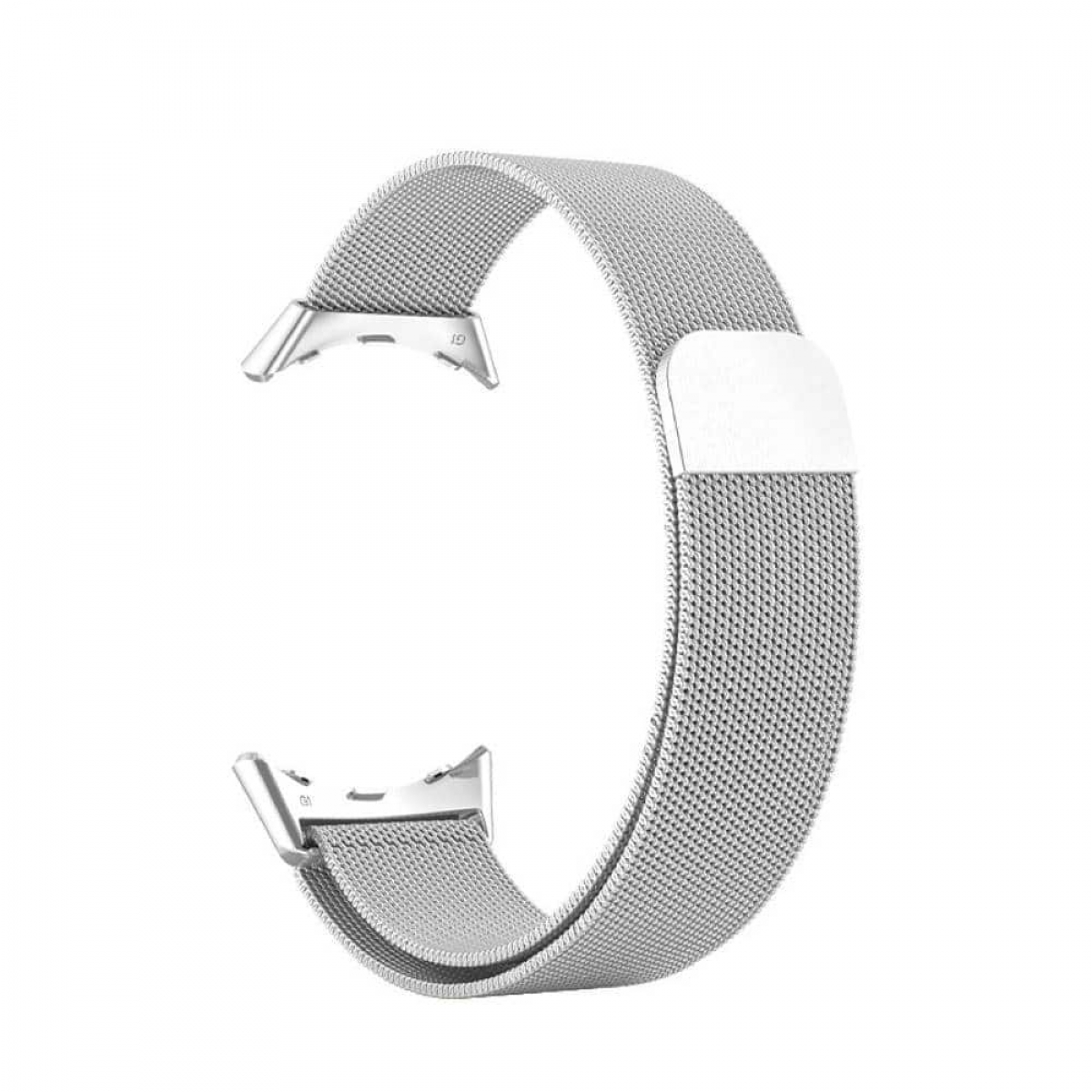 Ein silbernes Edelstahl-Uhrenarmband mit Mesh-Design und Magnetverschluss.