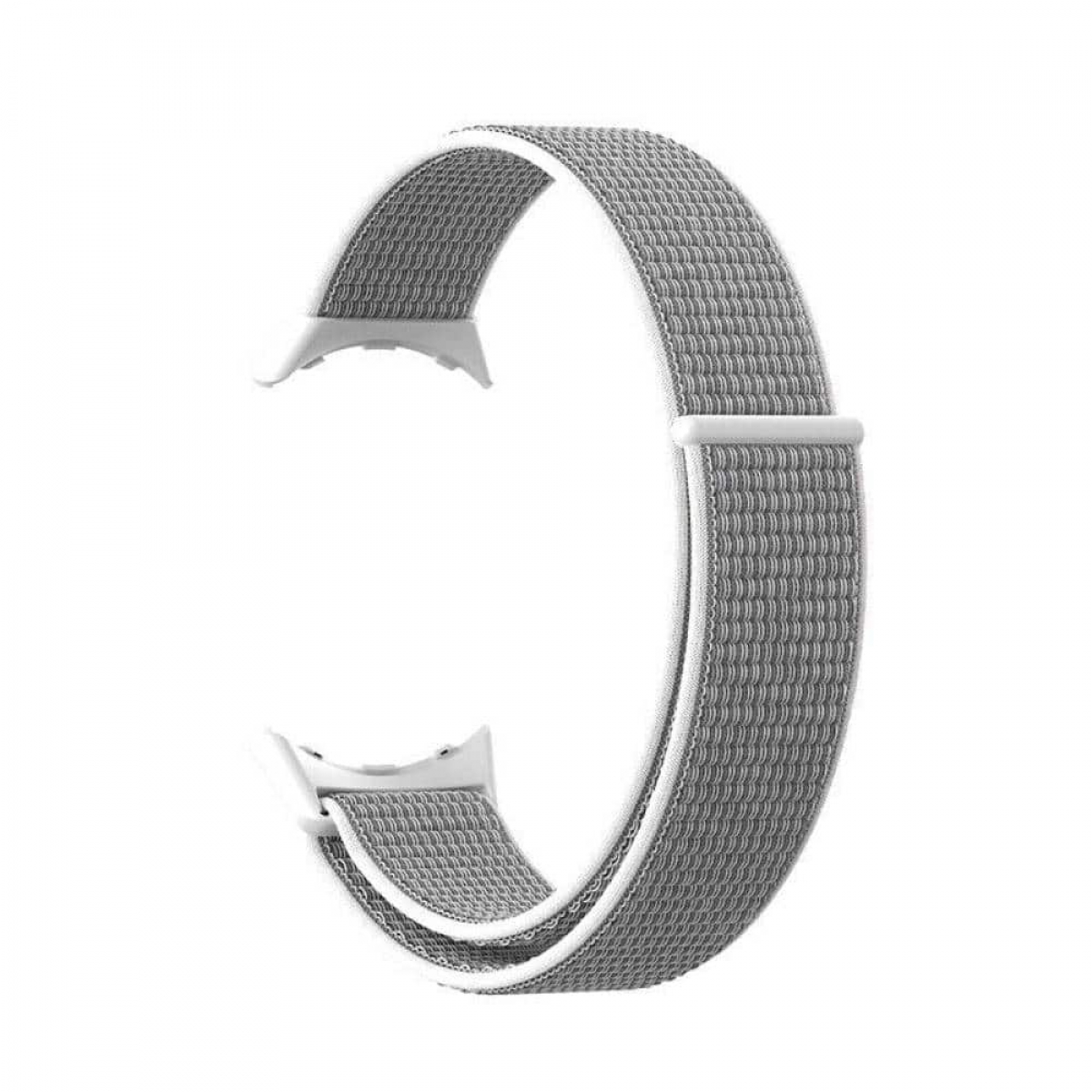 Ein grau-weißes Armband, gebogen und vor weißem Hintergrund, zeigt die Textur.