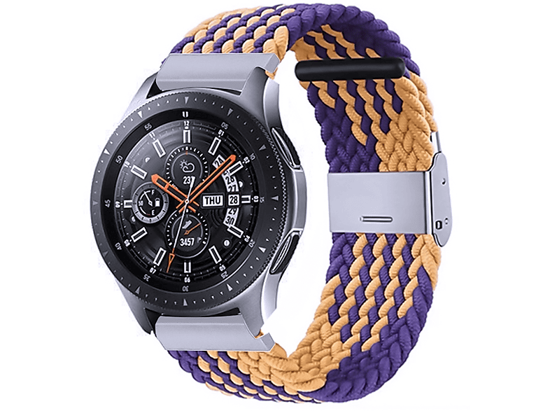 WIGENTO Gewebtes Nylon Armband, Ersatzarmband, Galaxy Watch 6 / 5 / 4 40 44 mm / Watch 5 Pro 45mm / Watch 6 / 4 Classic 43 47 mm / 42 46 mm, Samsung, Lila / Gelb