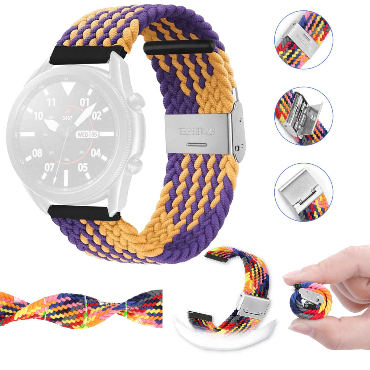 Ein mehrfarbiges Uhrenarmband, einschließlich Nahaufnahmen des Verschlusses und des Zifferblatts. Das Band hat Lila und Gelb.