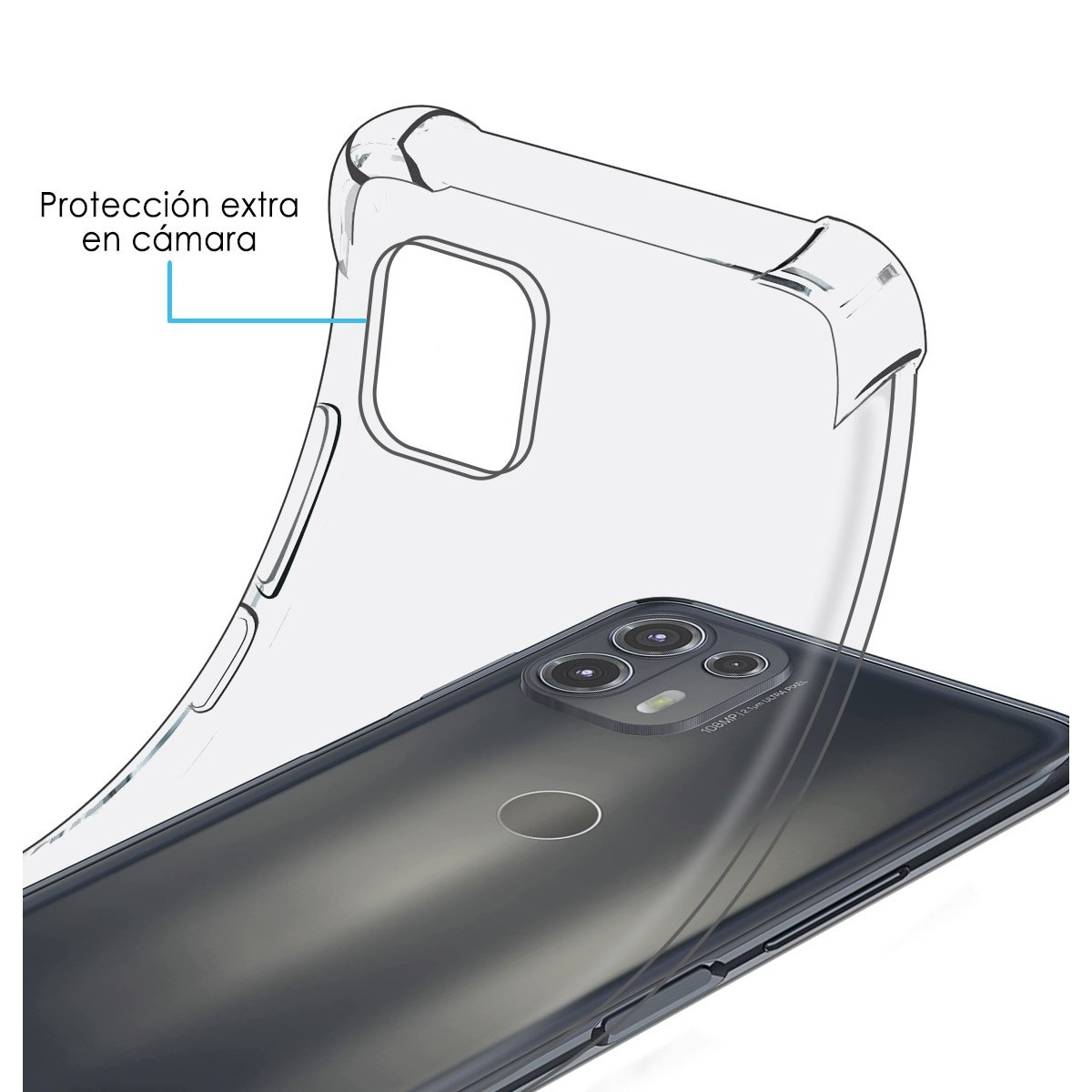 Funda transparente sobre un teléfono negro con cámara visible. Texto indica protección extra para la cámara.