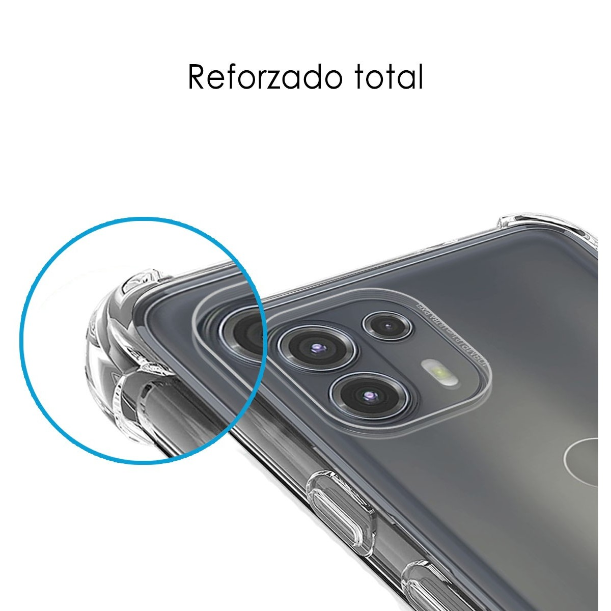Funda transparente con bordes reforzados, vista de cerca de las lentes de la cámara del teléfono.