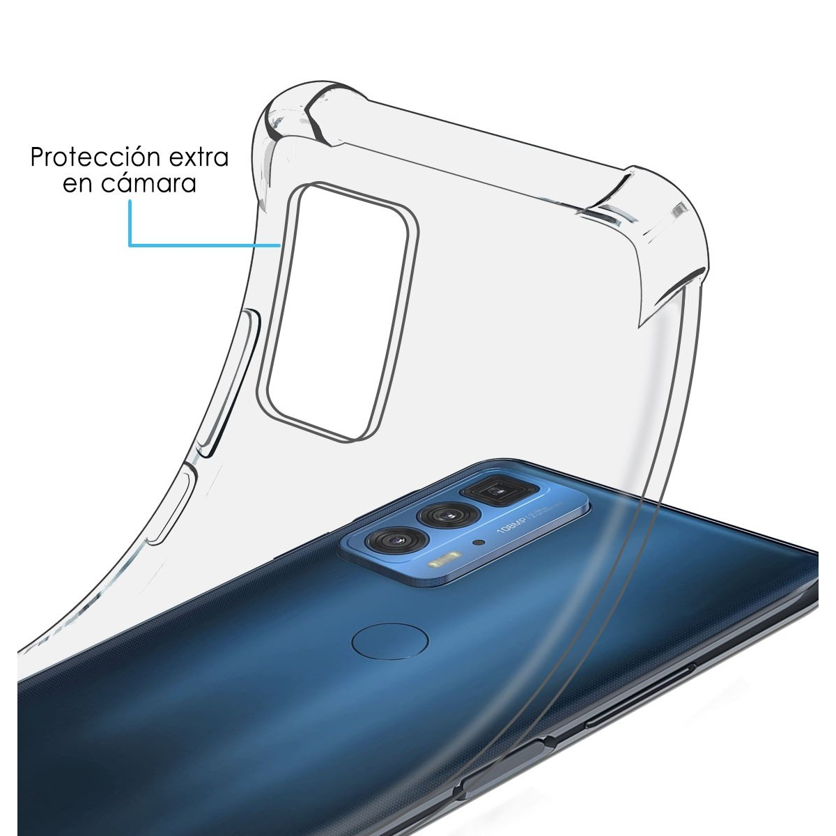 Funda transparente para teléfono sobre un teléfono negro con cámara azul.