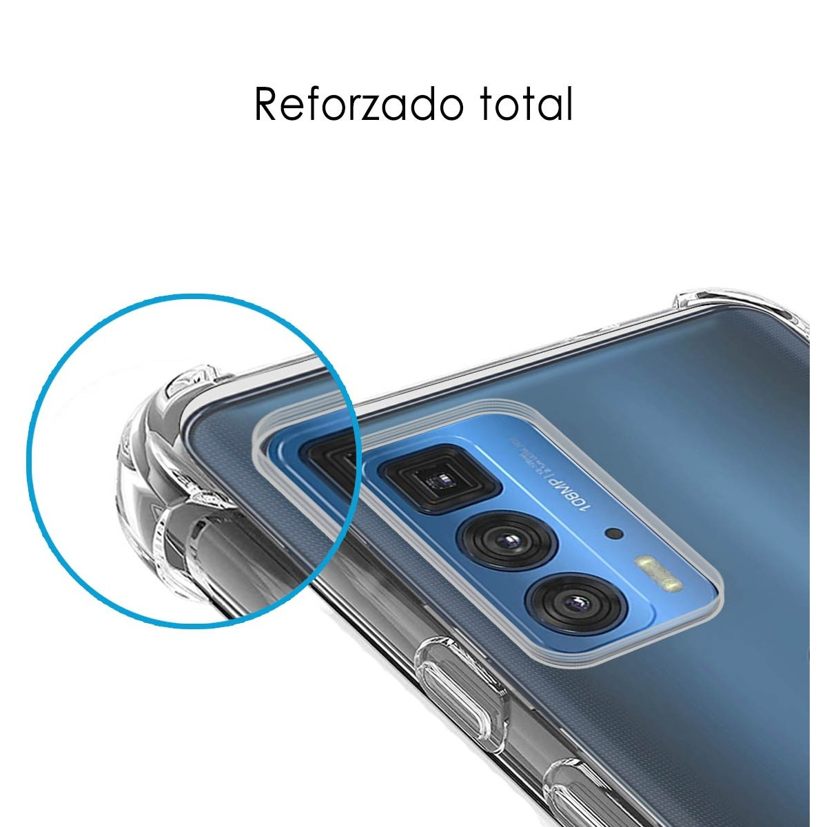 Primer plano de una funda de teléfono con las palabras 'Reforzado total' (Totalmente reforzado) escritas en la parte superior.