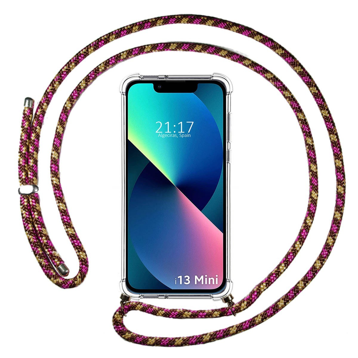 Telefono con una corda rosa e marrone attorno. Il telefono mostra l'ora e il luogo.