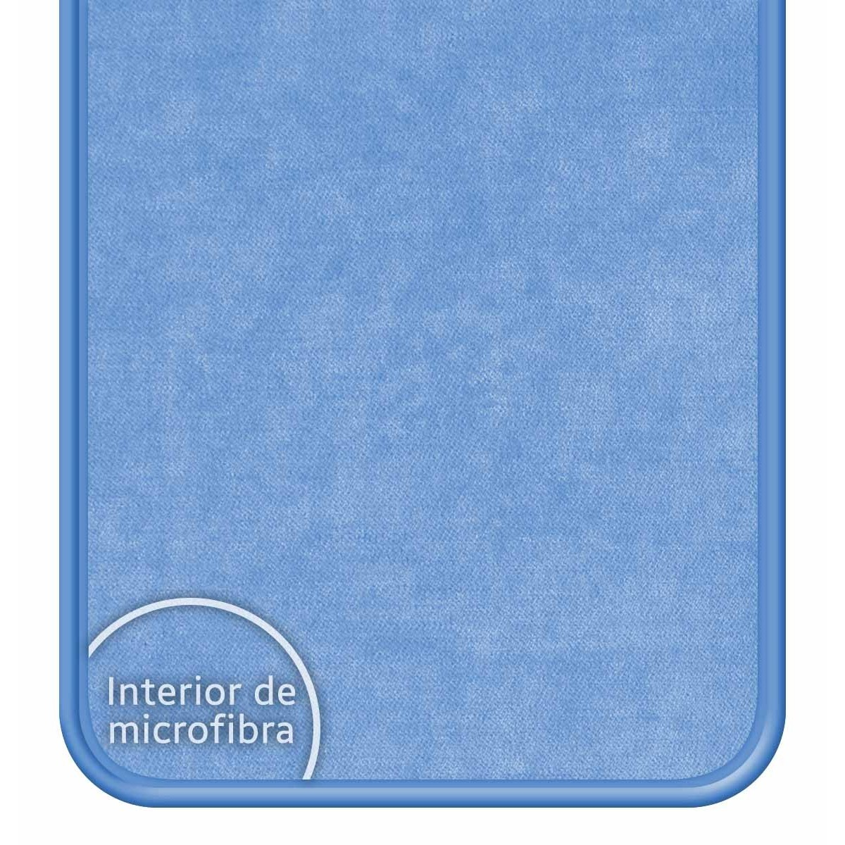 Funda de microfibra azul claro. El texto 'Interior de microfibra' está en un círculo blanco.