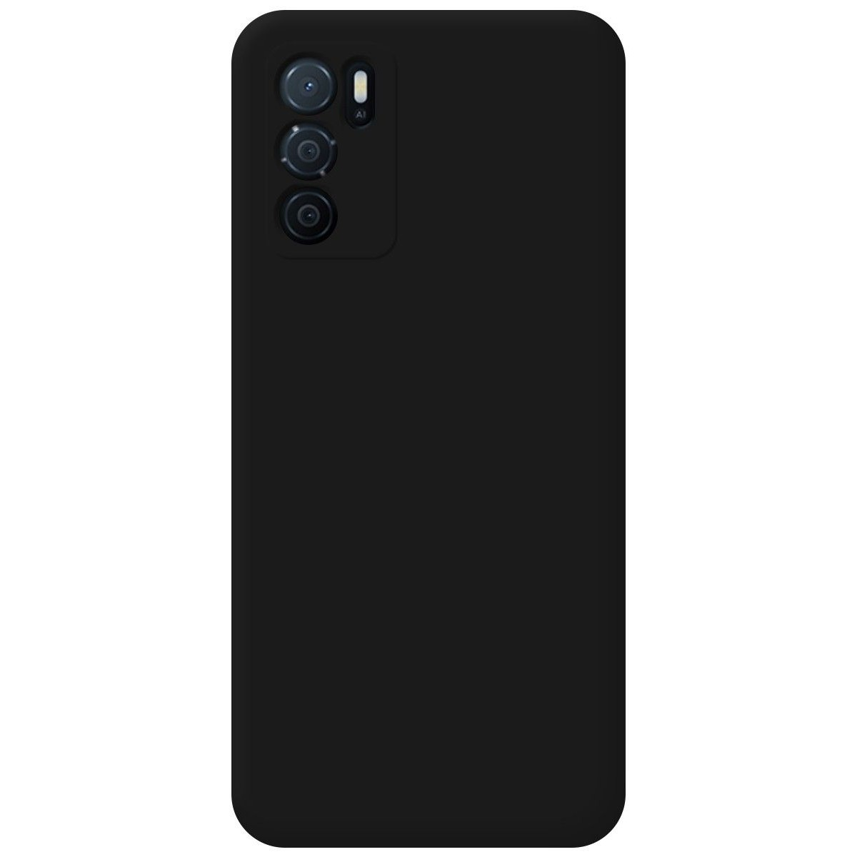 Funda negra para teléfono con matriz de cámara. La funda es lisa.
