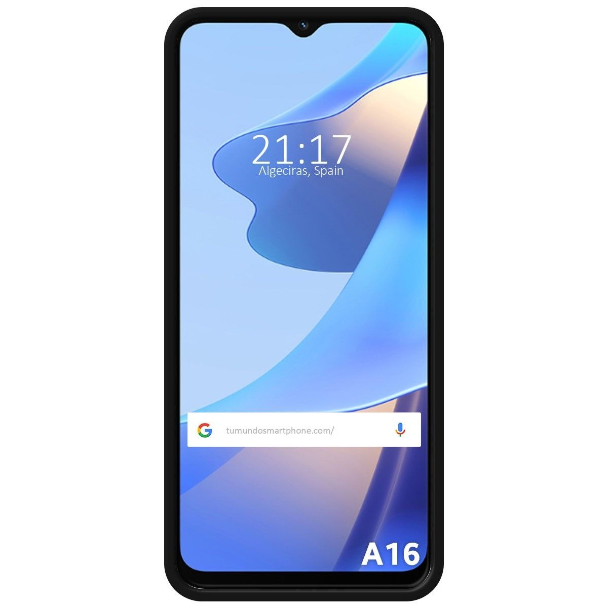 Teléfono A16 mostrando la hora en Algeciras, España.
