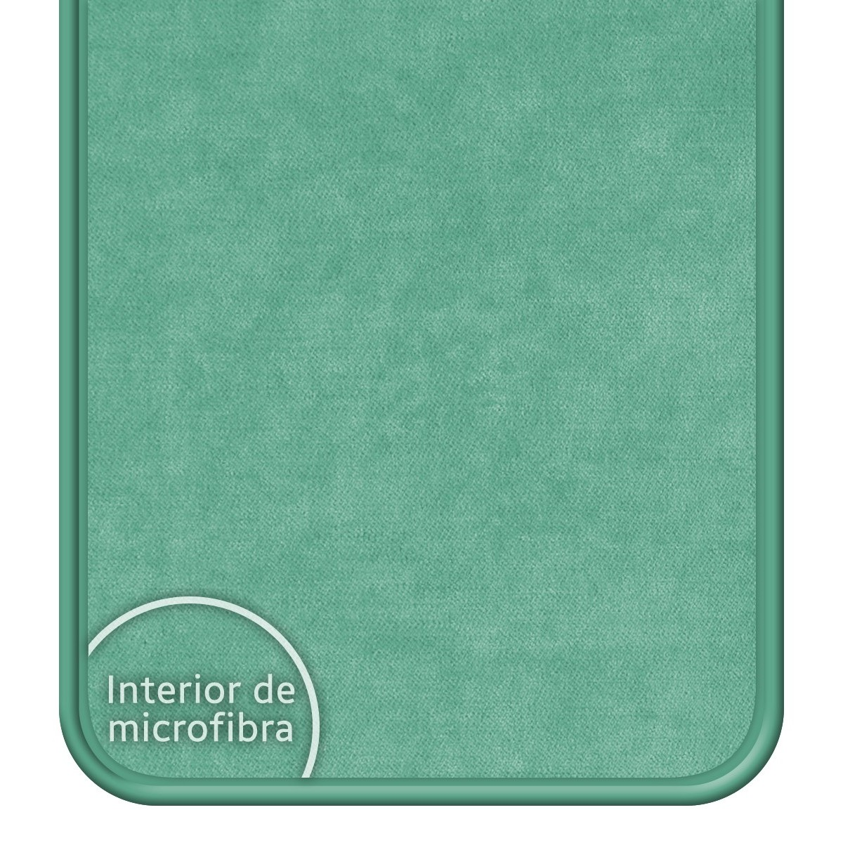El interior de una funda de teléfono de microfibra, con las palabras "Interior de microfibra".