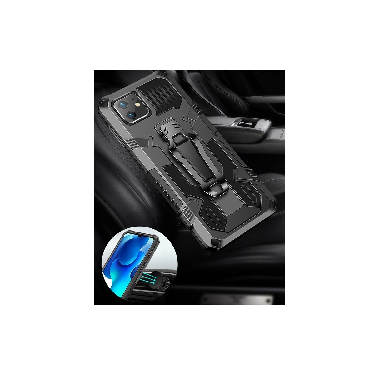 Custodia per telefono con un supporto per telefono all'interno di un'auto. La custodia è su un sedile auto.