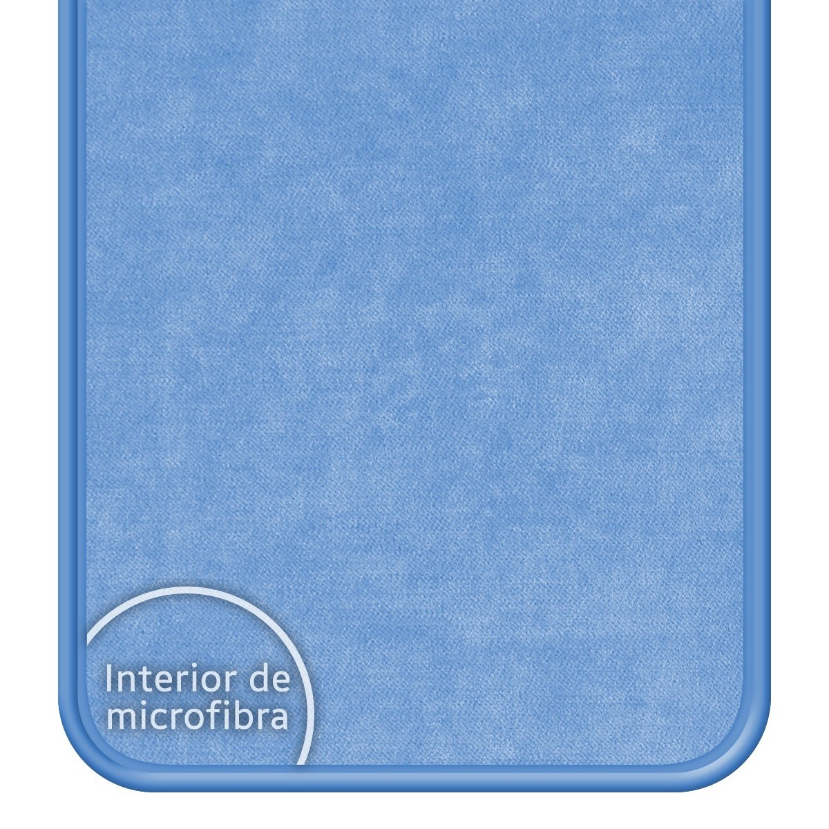 Funda azul con texto de microfibra. Bordes redondeados con un tono azul claro.