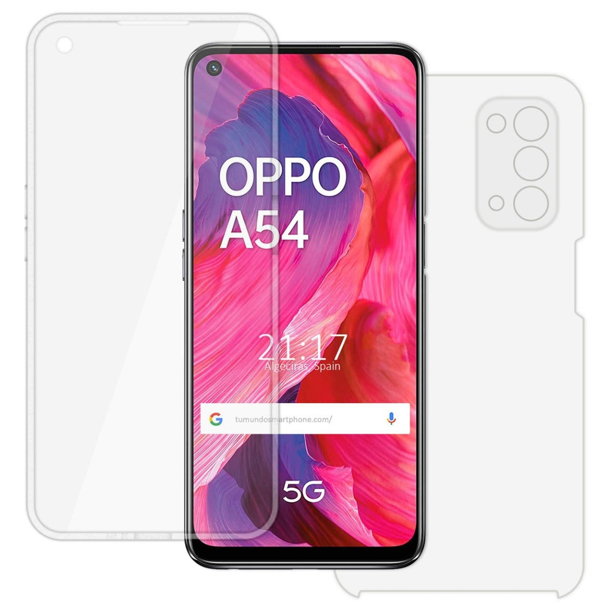 Teléfono y funda transparente. El teléfono muestra la hora y el lugar.