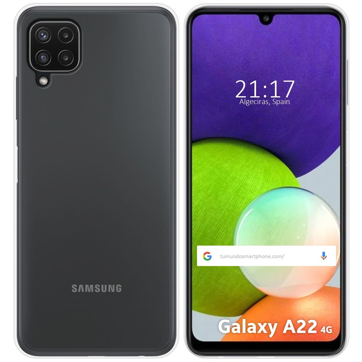 Custodie per telefono. Una grigia, l'altra mostra l'ora: 21:17 Algeciras, Spagna. Il telefono dice Galaxy A22 4G.