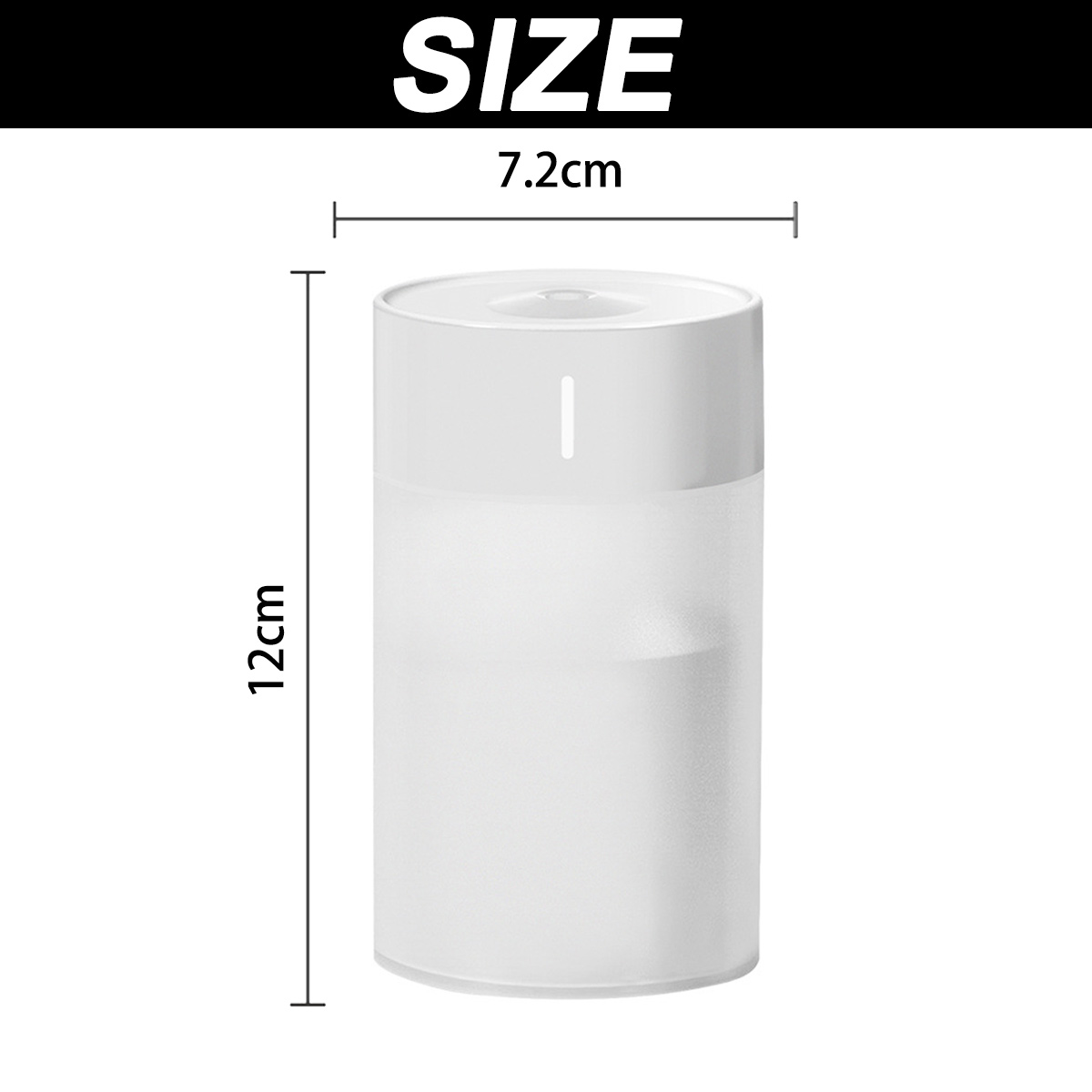 Weißer Diffusor mit den Maßen: 12cm hoch und 7,2cm breit. Das Wort GRÖSSE steht oben.
