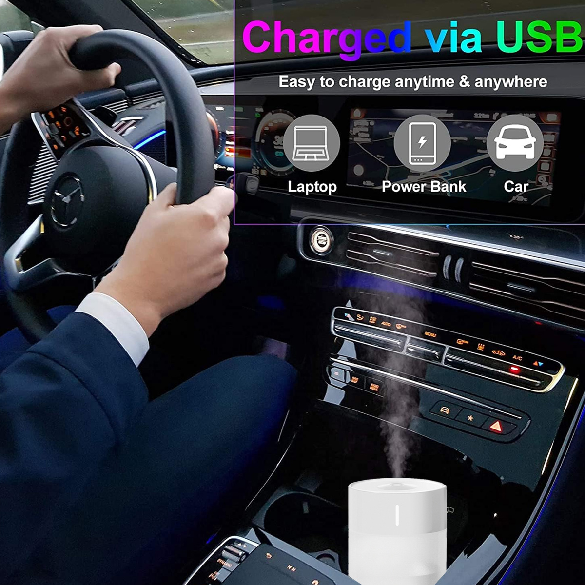 Person fährt Auto, mit USB-Lade-Grafik auf dem Armaturenbrett und weißem Luftbefeuchter.