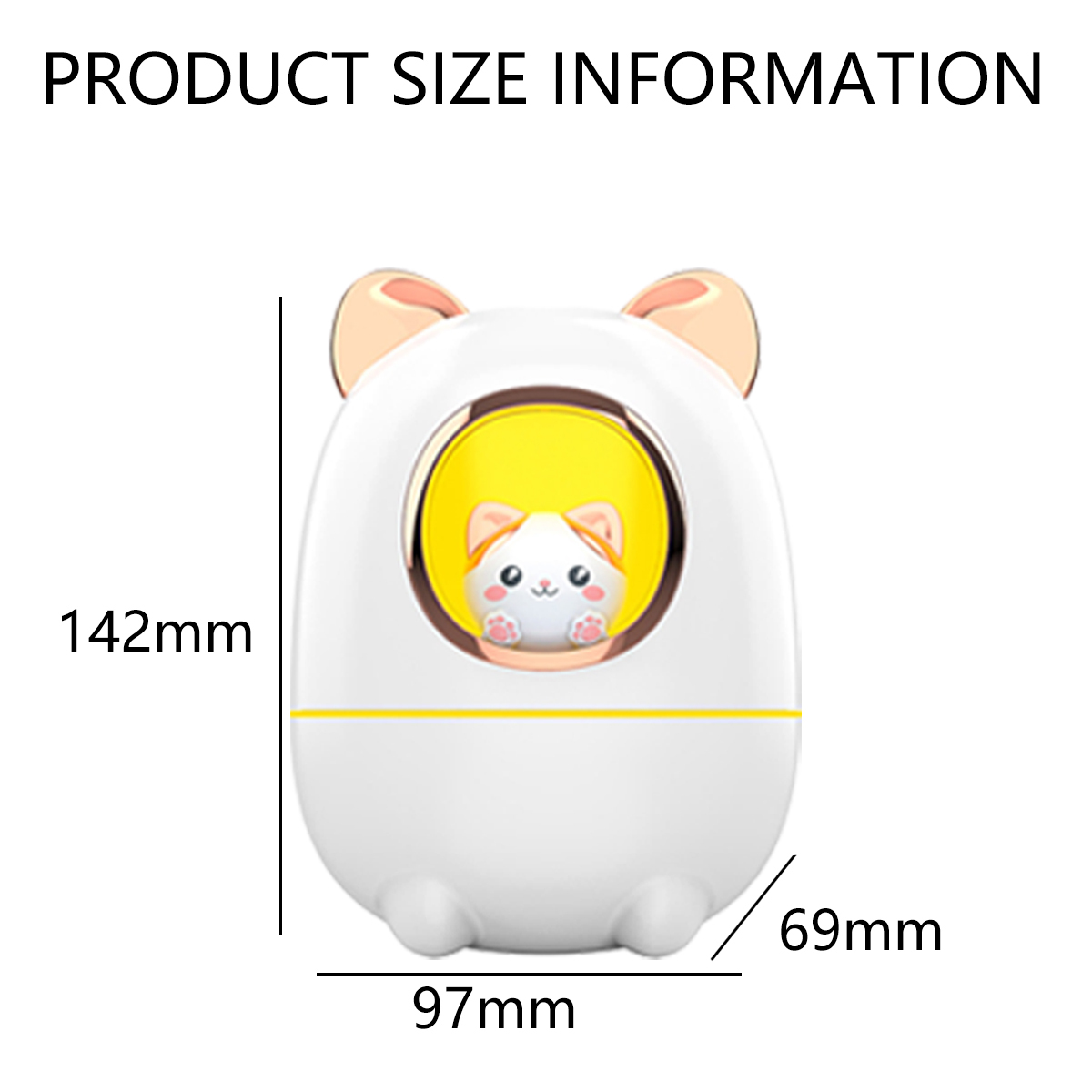 Ein weißer, katzenförmiger Luftbefeuchter mit beschrifteten Abmessungen. Es hat ein Cartoon-Katzenbild.