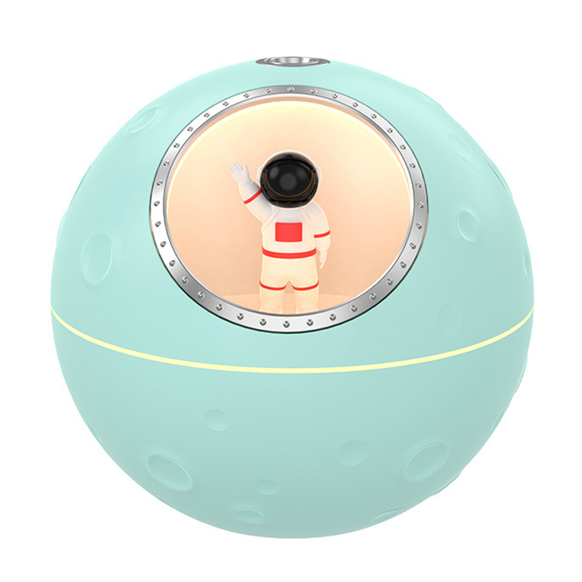 Mintgrüne Lampe in Mondform. Sie hat eine Astronautenfigur im Inneren.