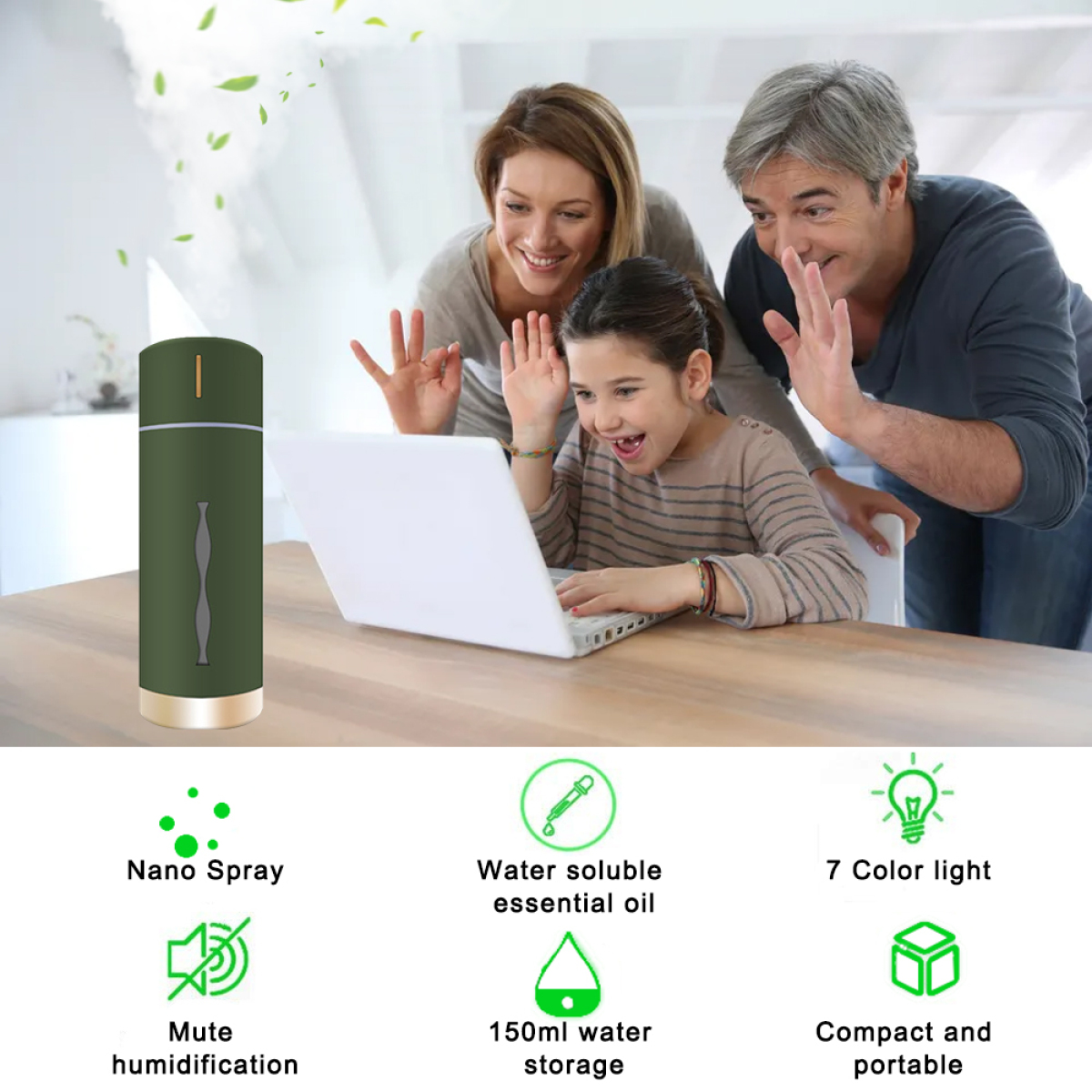 Eine Familie mit Laptop und Luftbefeuchter mit Symbolen unten, die Funktionen beschreiben.