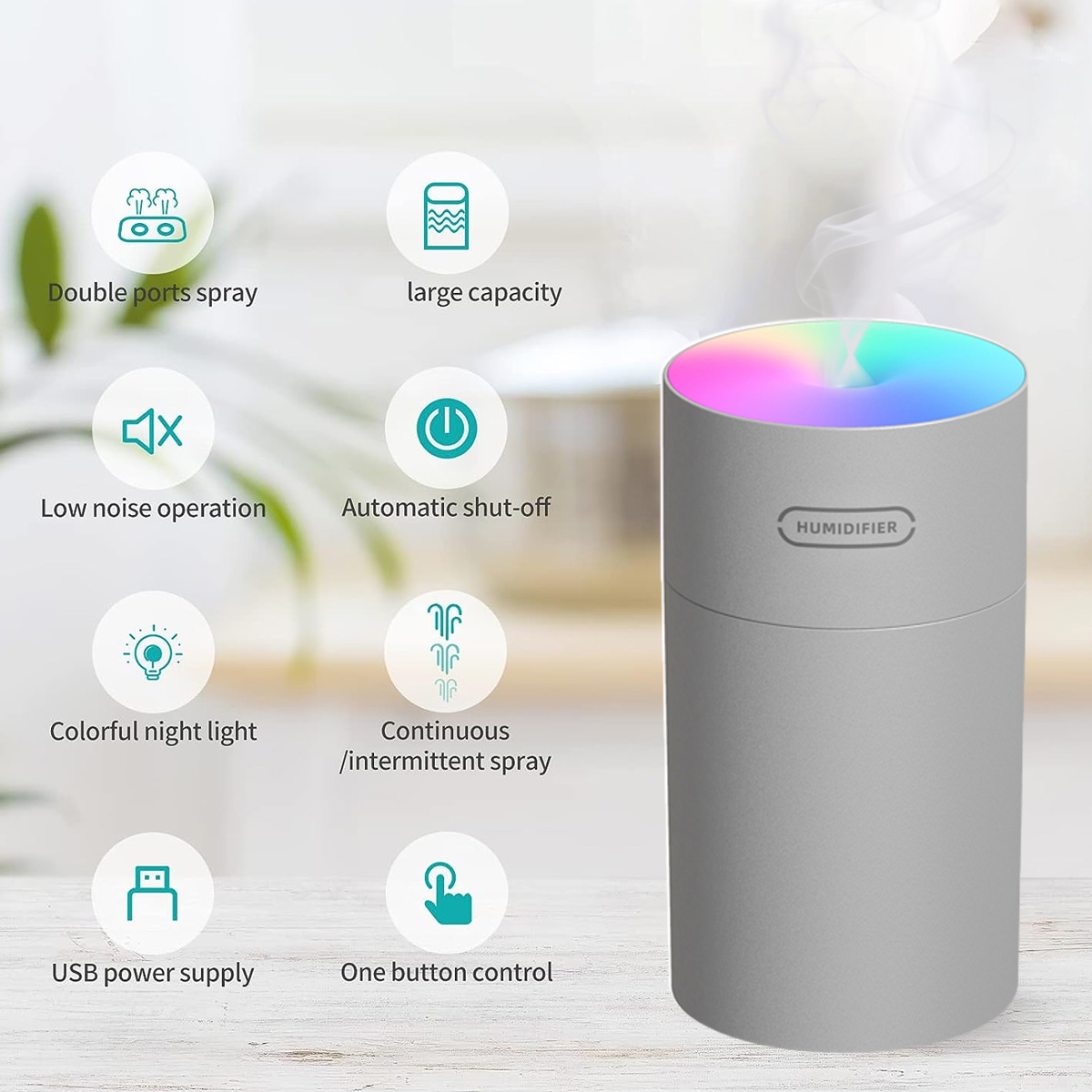 Ein grauer Luftbefeuchter mit Regenbogenlicht. Symbole zeigen Funktionen: Doppelspray, große Kapazität und automatische Abschaltung.