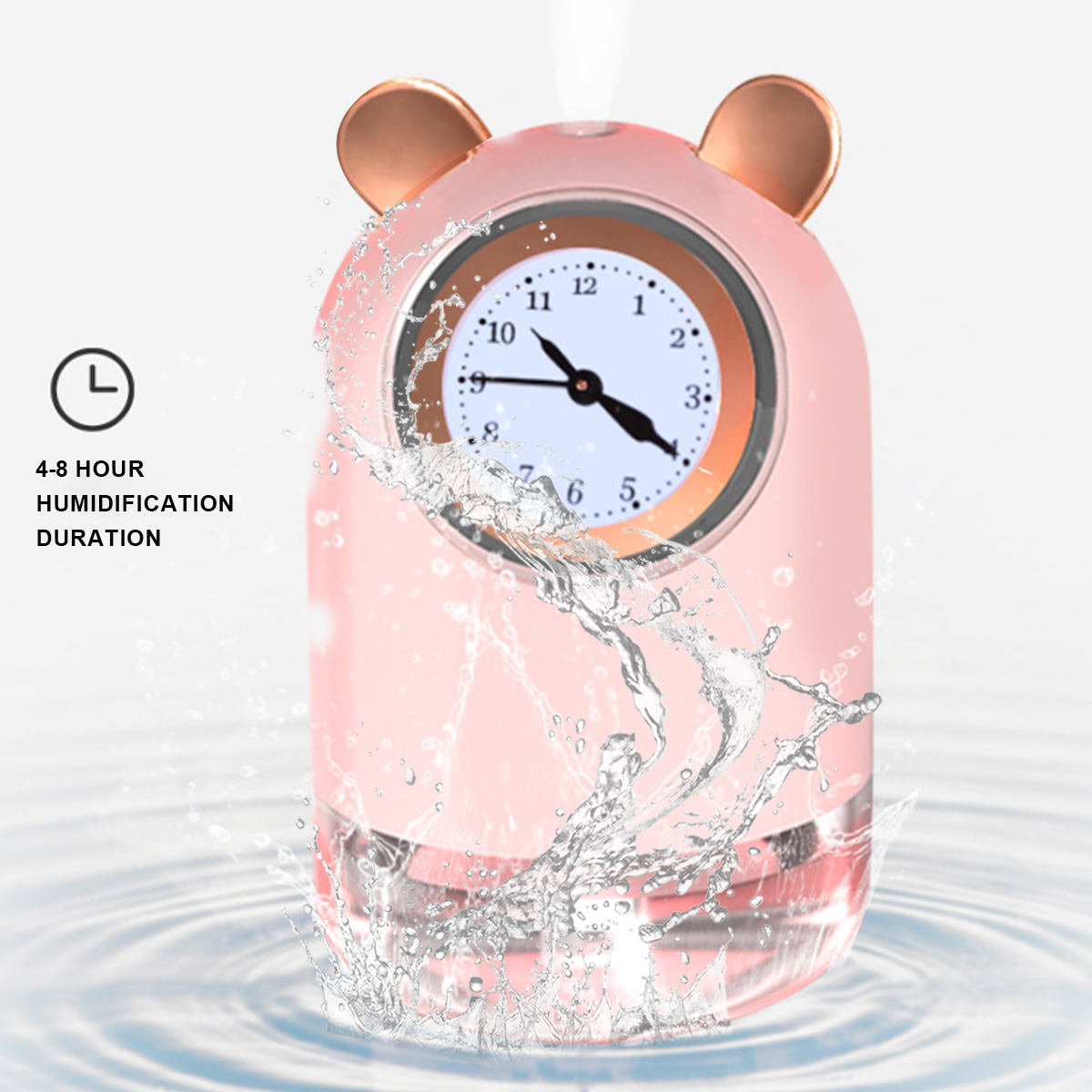 Rosa, bärenförmiger Luftbefeuchter mit Zifferblatt, umgeben von Wassertropfen. Text: 4-8 Stunden.
