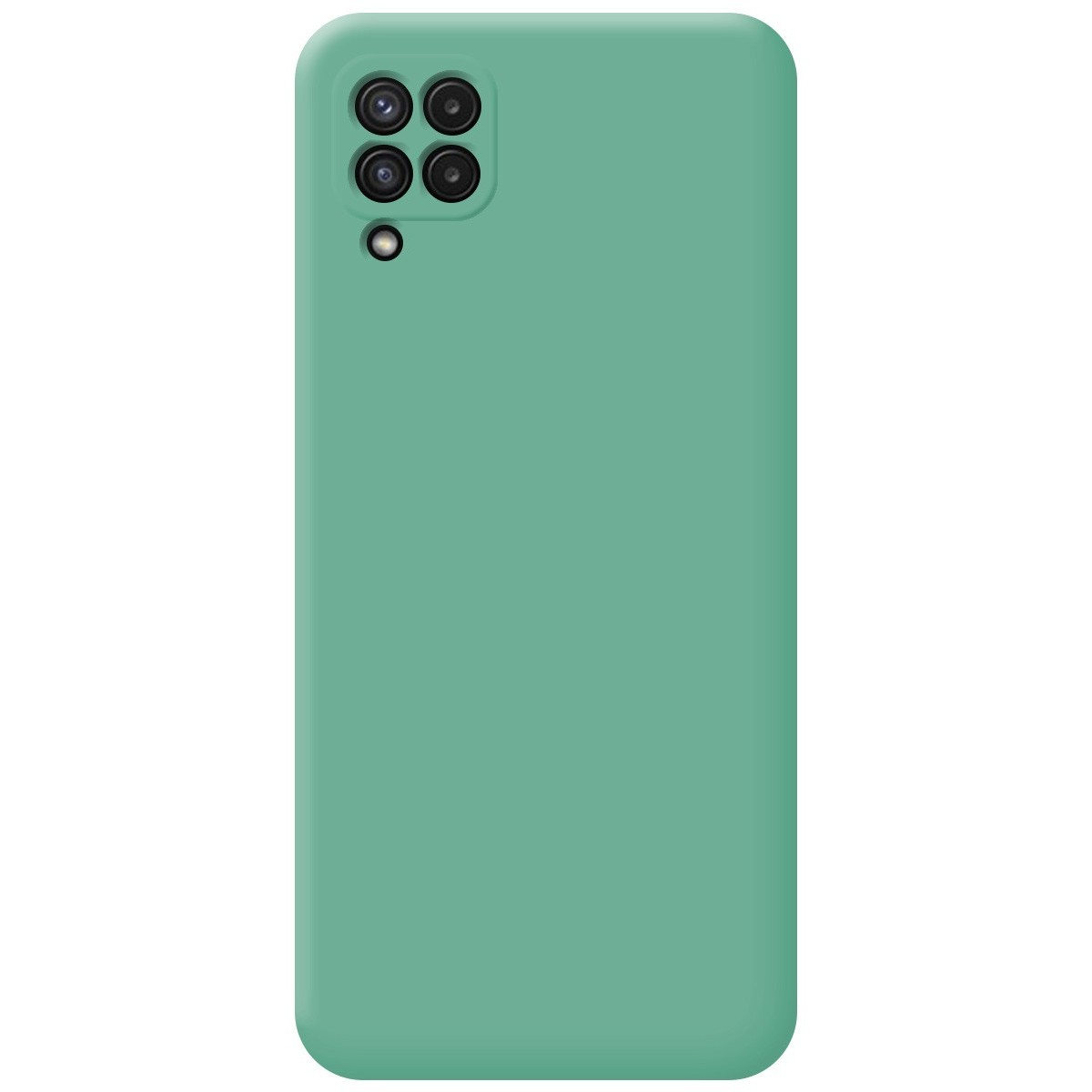 Custodia per telefono verde unita. Il telefono ha una fotocamera in alto a sinistra.