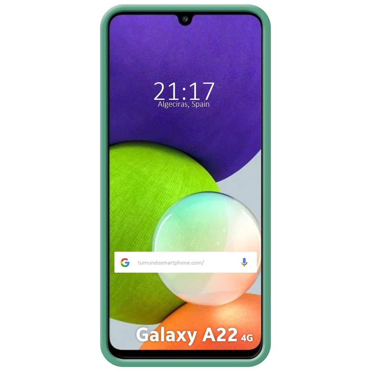 Custodia per telefono con bordo verde e un telefono che mostra l'ora e la barra di ricerca di Google.