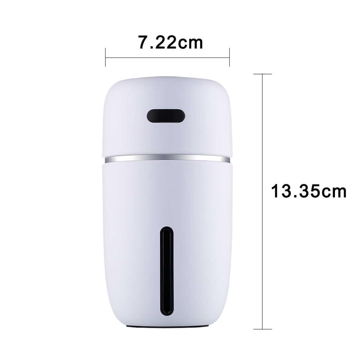 Weißer, zylindrischer Luftbefeuchter mit den Maßen: 7,22 cm breit, 13,35 cm hoch.