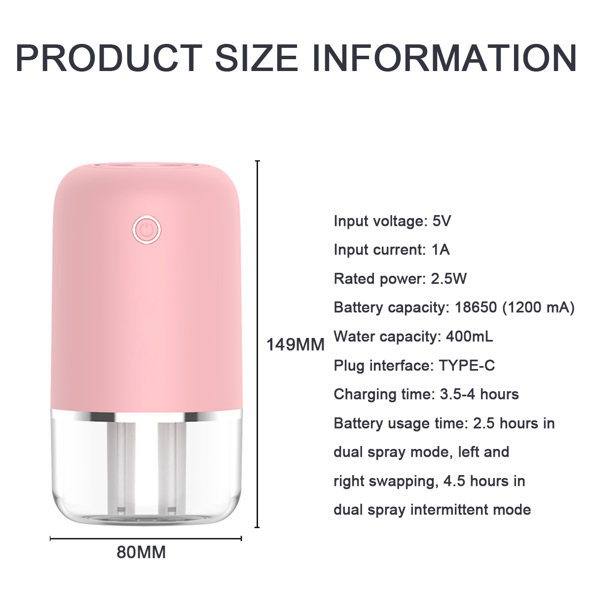 Rosa Luftbefeuchter mit transparentem Wassertank. Maße: 149 mm Höhe, 80 mm Breite. Details auf der rechten Seite.
