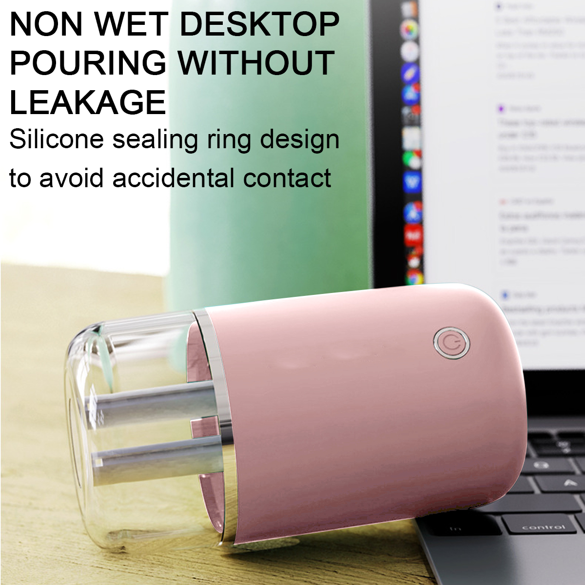 Rosa Anspitzer mit transparentem Behälter. Auf Holzoberfläche, mit Laptop im Hintergrund.