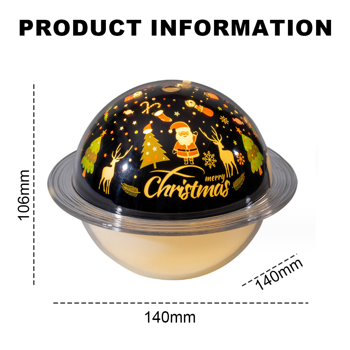 Weihnachtsdekoration in Form eines Planeten mit Weihnachtsmann, Bäumen und Goldakzenten.