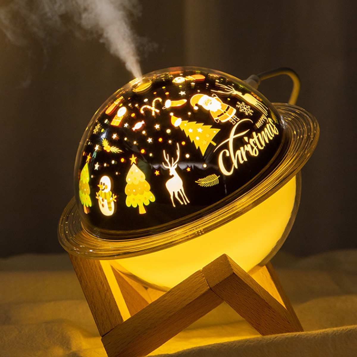 Weihnachtliches Nachtlicht in Planetenform, das warmes Licht ausstrahlt.