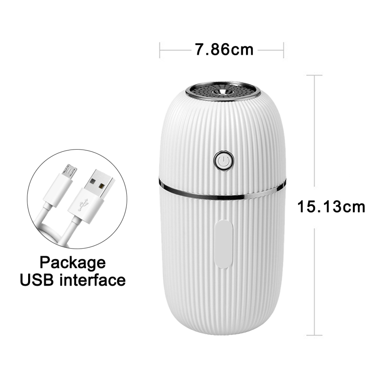 Ein weißer Luftbefeuchter mit beschrifteten Abmessungen, einem USB-Anschluss und einem Einschaltknopf. Er hat ein geripptes Design.
