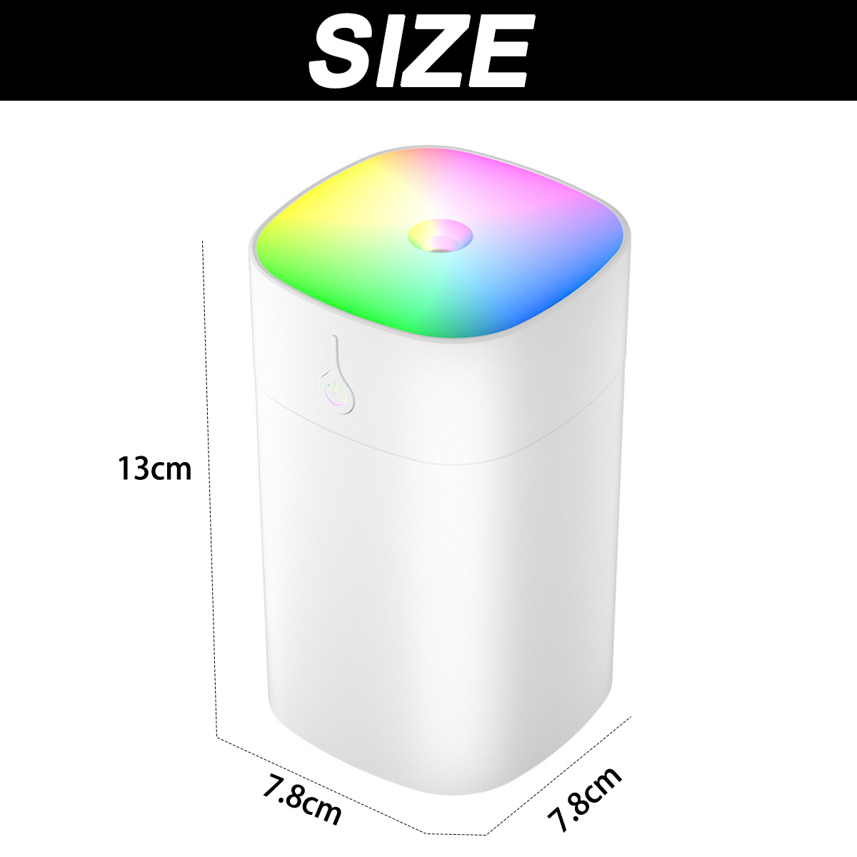 Weißer Luftbefeuchter mit Regenbogenoberteil. Abmessungen: 13 cm hoch und 7,8 cm an jeder Seite.