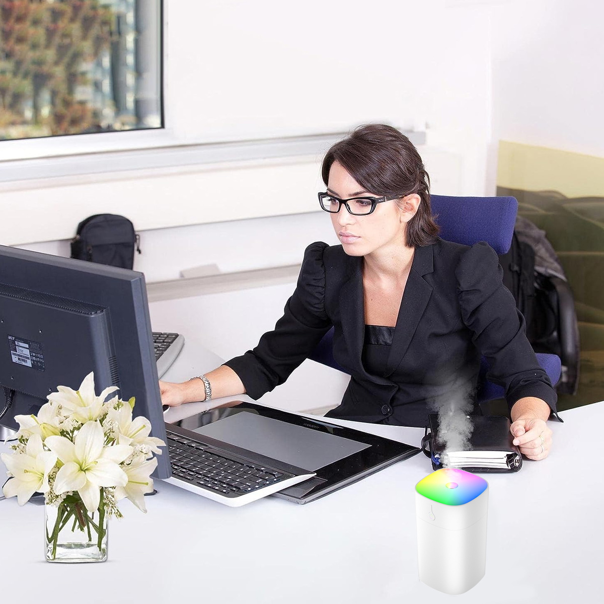 Frau am Schreibtisch, Computerarbeit, Luftbefeuchter vorne, Blumen links.