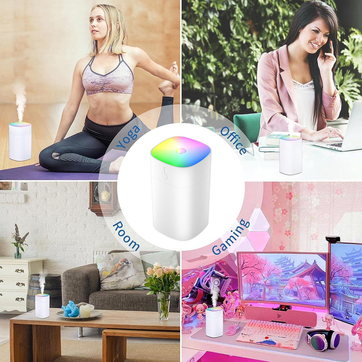 Ein weißer Luftbefeuchter in verschiedenen Umgebungen: Yoga, Büro, Zimmer und Gaming, mit bunten Lichtern.
