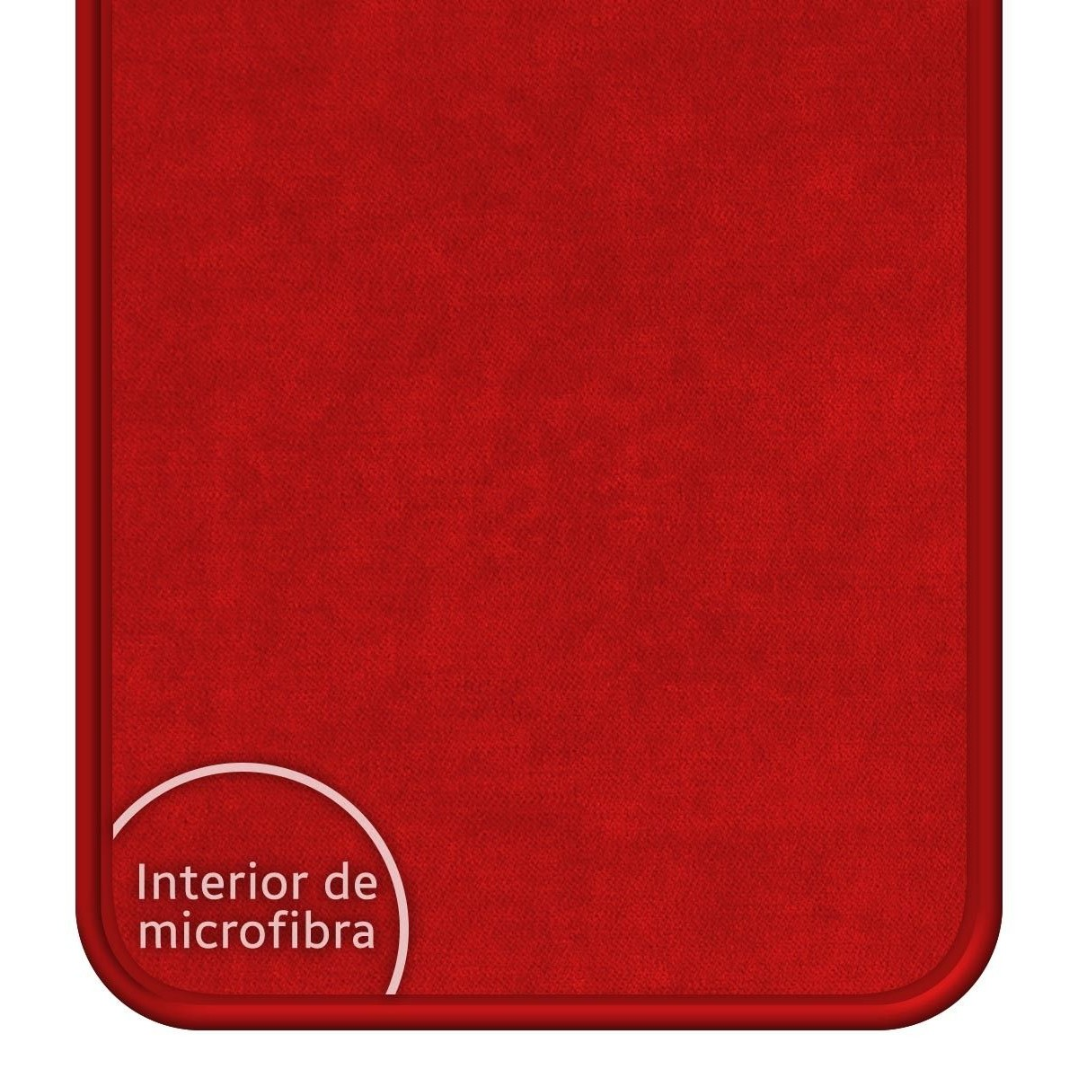 Paño de microfibra rojo. La parte inferior tiene un círculo blanco con el texto 'Interior de microfibra'.