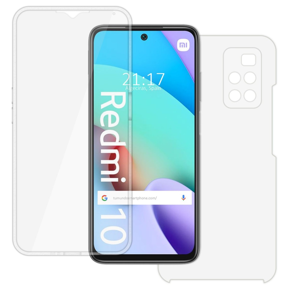 Pantalla y funda de teléfono, con protector de pantalla y funda transparente superpuestos.