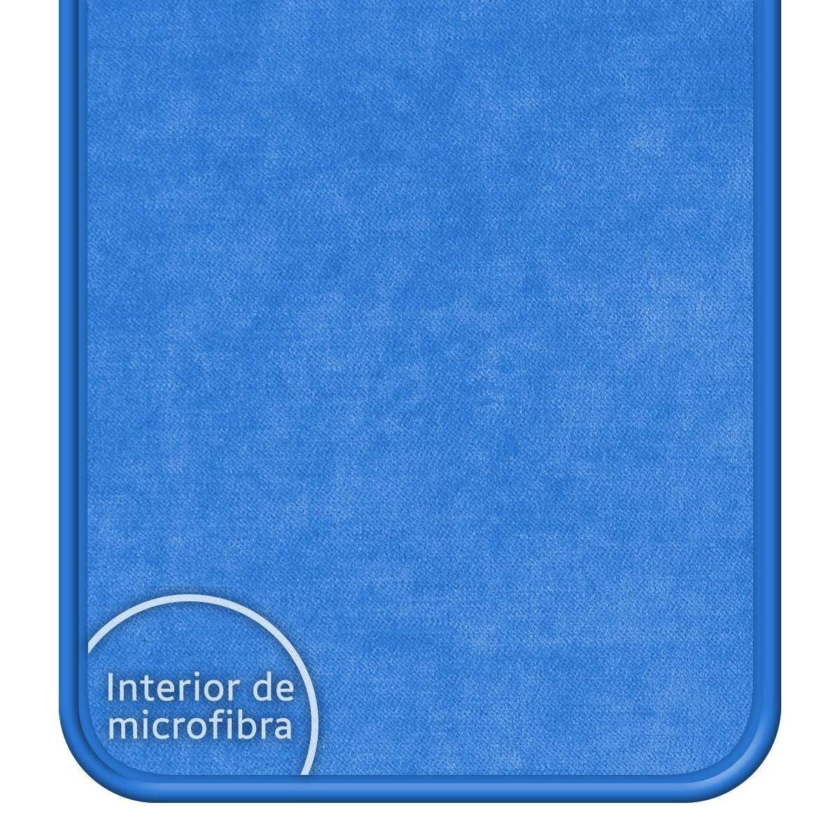 Interior de funda de teléfono de microfibra azul. La funda está vacía.