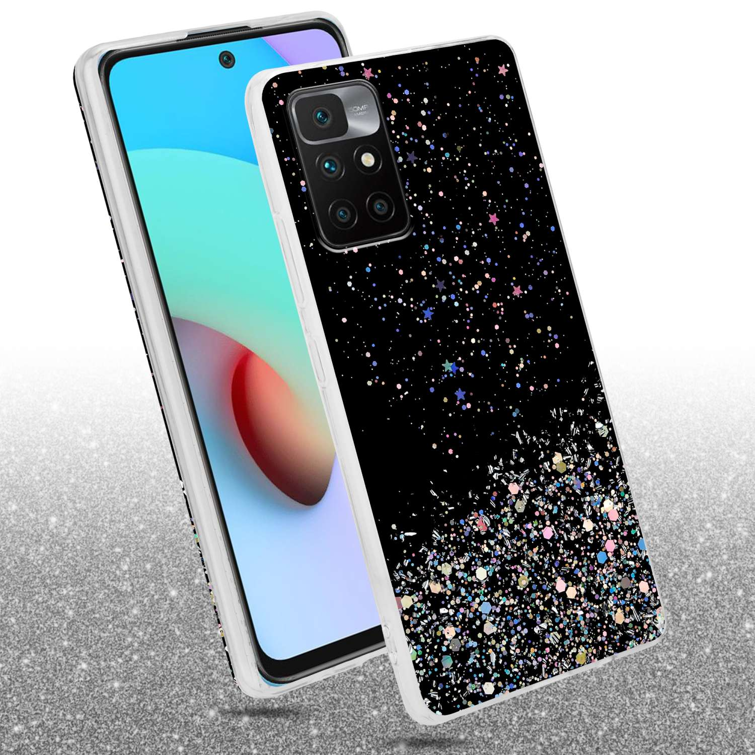 Custodia per telefono con stelle e glitter, in bianco e nero, su uno sfondo chiaro.