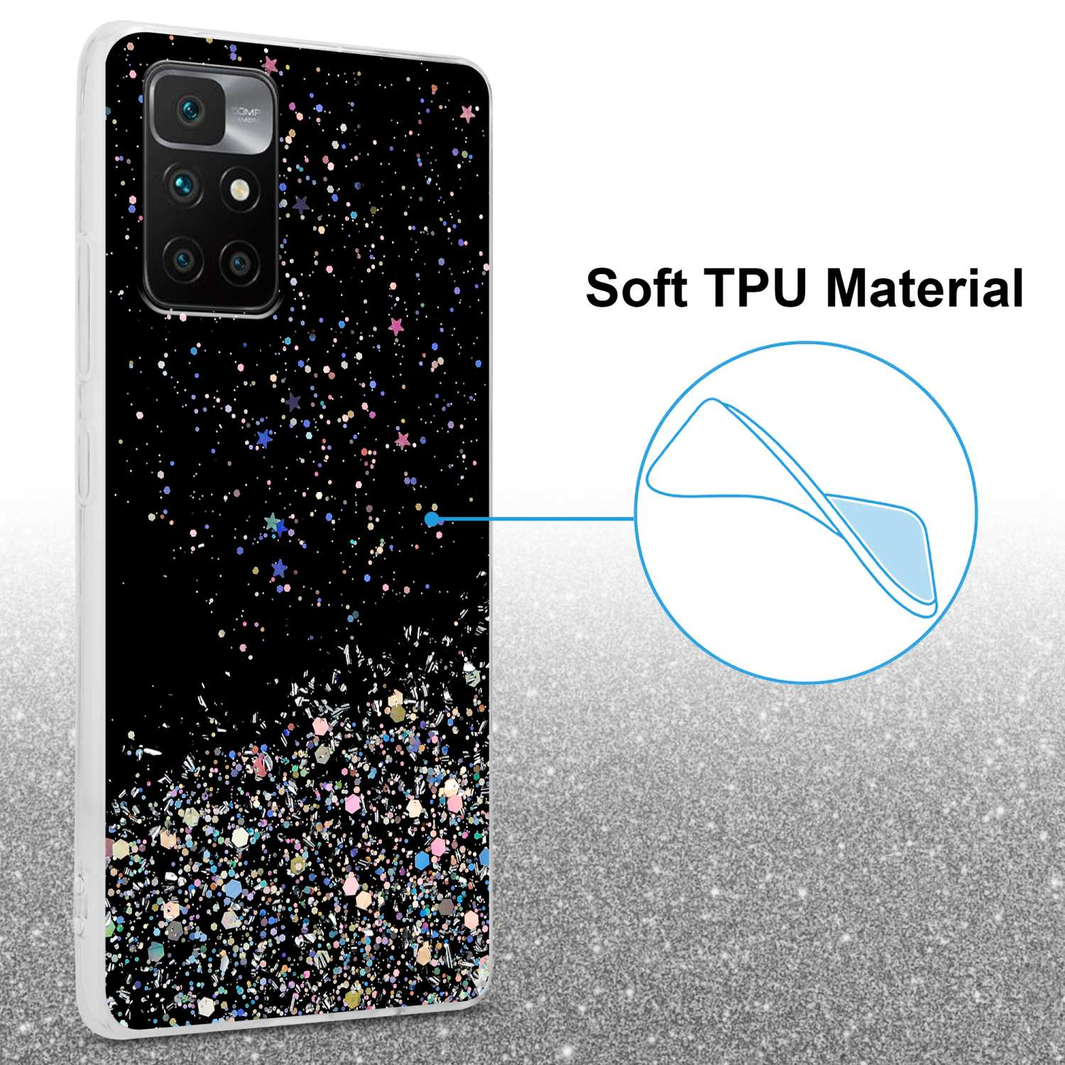 Custodia per telefono con sfondo nero con glitter e un telefono con testo Soft TPU Material.