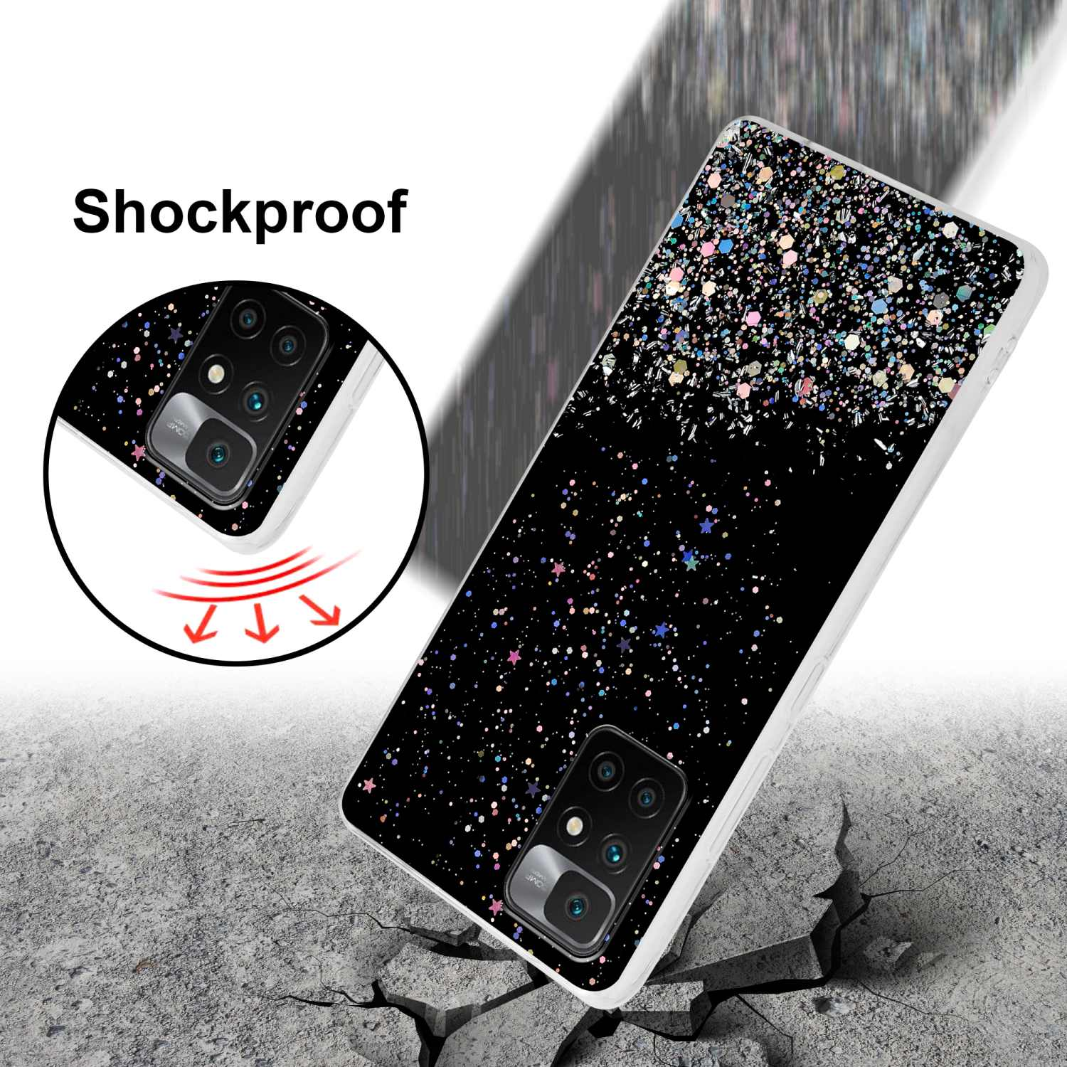 Custodia per telefono con motivo glitter su sfondo nero. Frecce e immagine del telefono.