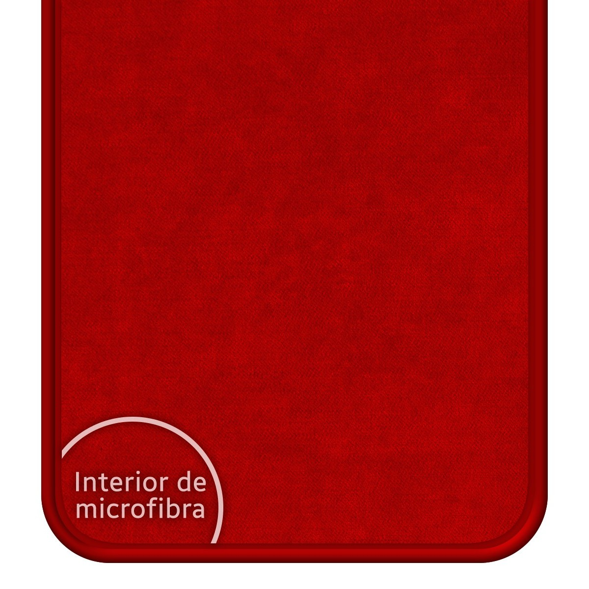 Funda de microfibra roja. El texto 'Interior de microfibra' está en un círculo blanco en la esquina.